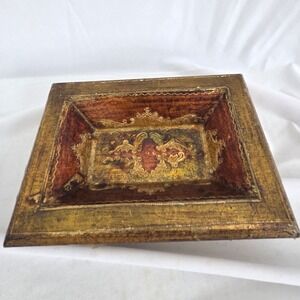 Vintage Florentia Italian Wood Tray Gilt Gold Decorative Trinket Dish Italy